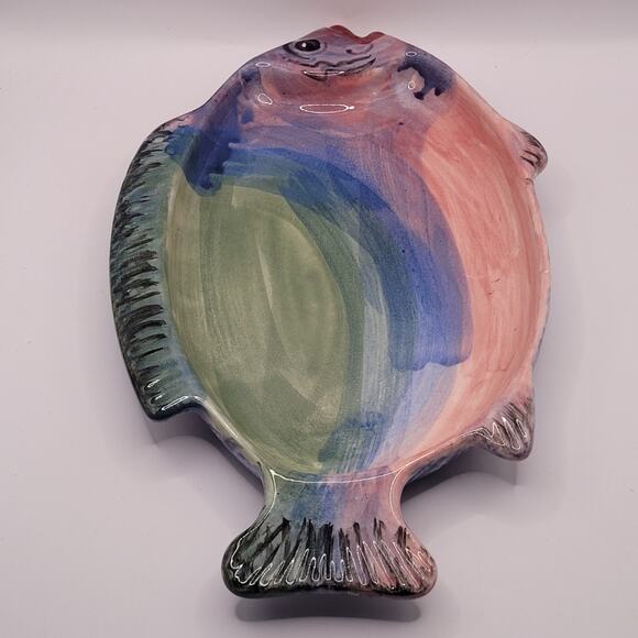 Studio Art Pottery Fish Shaped Dish Rainbow Glaze - Picture 6 of 15